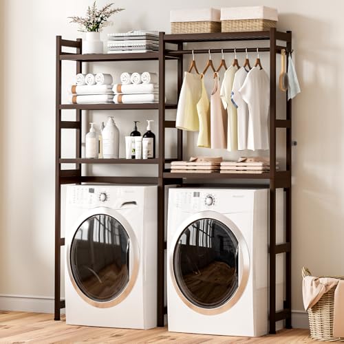 Cozivolife Over The Washer and Dryer Storage Shelf Bamboo,5 Tiers Laundry Room Drying Rack with Adjustable Shelves and 4 Hooks,Space Saver Organizer for Hanging Clothes and Towels (Brown) - color: Brown