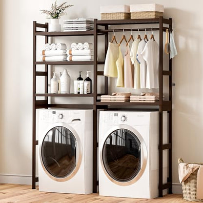 Cozivolife Over The Washer and Dryer Storage Shelf Bamboo,5 Tiers Laundry Room Drying Rack with Adjustable Shelves and 4 Hooks,Space Saver Organizer for Hanging Clothes and Towels (Brown) - color: Brown