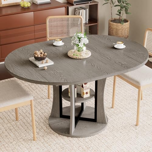 Extendable Round Dining Table for 4-6-8, 43.3-59in Expandable Kitchen Table with Storage Shelf, Space Saving Circle Oval Dining Table with Leaf for Kitchen, Dining Room, Gray - color: Grey