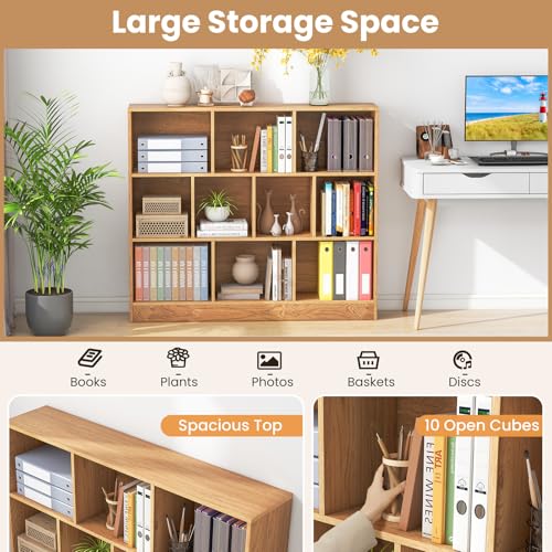 10 Cubes Book Shelf, 3 Shelf Bookcase Cabinet with 10 Compartments, Strong Base and Closed Back, Open Shelf Storage Organizer Bookshelf for Living Room, Bedroom, Office & Hallway (Natural) - color: Natural