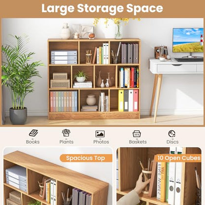 10 Cubes Book Shelf, 3 Shelf Bookcase Cabinet with 10 Compartments, Strong Base and Closed Back, Open Shelf Storage Organizer Bookshelf for Living Room, Bedroom, Office & Hallway (Natural) - color: Natural