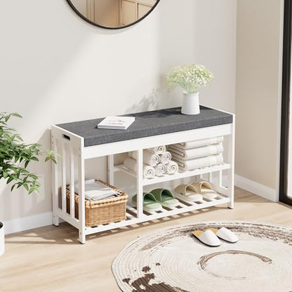 Shoe Rack Bench with Cushion,2 Tiers Shoe Bench with Flip-Top Storage,Wood Shoe Rack for Entryway, Hallway, Bedroom, Front Door Entrance (White) - color: White