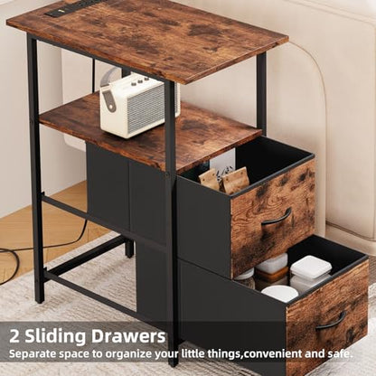 Somdot End Table with Charging Station, Narrow Side Table with 2 Fabric Drawers, Skinny Nightstand with Storage, Small Slim Bedside Table for Living Room, Sofa, Bedroom, Couch, Wood Grain Print - color: Wood Grain Print