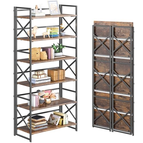 4NM 6 Tiers No Assembly Book Shelves, 61.8" H Folding Bookshelf Bookcase Open Industrial Foldable Shelves for Bedroom, Living Room, Home Office - Rustic Brown Black - color: Rustic Brown Black, size: XX 6-Tier