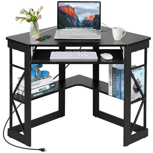 VECELO Corner Desk, Triangle Computer Desk for Small Space with Charging Station and Keyboard Tray, Corner Makeup Table with Storage Shelves for Home Office Bedroom, 41x30, Balck - color: Black, size: 28" x 41" x 30"