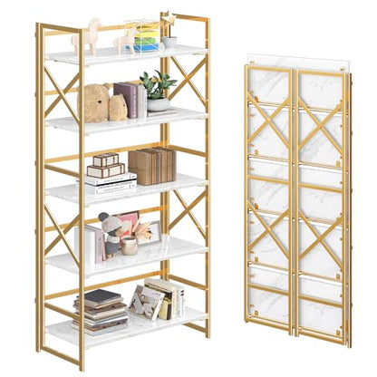 4NM 5 Tiers No Assembly Book Shelves, 51.2" H Folding Bookshelf Bookcase Open Industrial Foldable Shelves for Bedroom, Living Room, Home Office - White Gold - color: White Gold, size: XX 5-Tier