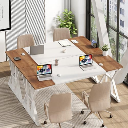 TVU Computer Desk, 55 inch Large Office Desk, Study Writing Table with Thicken Frame, Gaming Desk, Modern Simple Desk for Home Office, Brown/White - color: Brown+white, size: 55inch