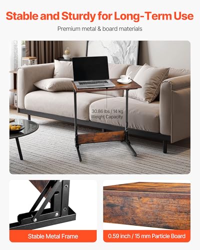 VEVOR C Table, Folding C Shaped End Table with Metal Frame & Adjustable Feet, Foldable C Shaped Side Table for Living Room Bedroom Office, 23.62 x 14.57 x 27.56 inch TV Tray, Brown and Black - style: Folding