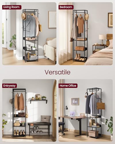 VASAGLE Coat Rack, Freestanding Hall Tree with Shelves, Hanging Rail, and Hooks, Space-Saving Coat Stand, Steel Frame, for Clothing, Bags, Hats, Ink Black and Charcoal Gray URCR061BD03 - color: Ink Black + Charcoal Gray, style: Industrial