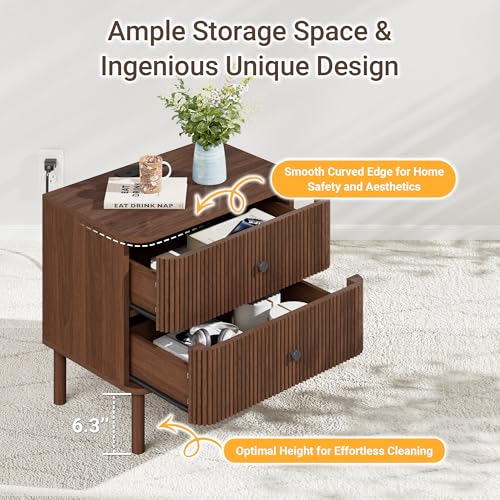 23" Fluted Nightstand with Soft Rounded Drawer Fronts & Solid Wood Cylindrical Legs, 2 Drawer Walnut Night Stand with Charging Station, End Table w/Metal Knobs, Bedside Table for Bedroom - color: Walnut - Rounded Drawer, size: 23"W