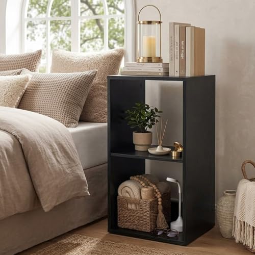POWERSTONE 2 Cube Storage Organizer, 2 Tier Cubby Bookshelf, Black | Freestanding Bookcase w/Back Guardrail, Open Back Display Rack for Living Room, Bedroom, Study - color: Black, size: 2 Cubes