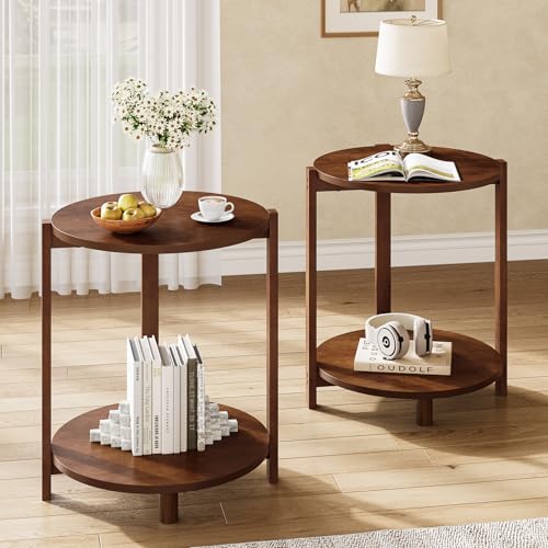Solid Wood Side Table Set of 2, Small Round End Table with 2-Tier Storage, 19-Inch Wooden Circle Retro Nightstand, Accent Furniture for Small Spaces, Bedroom, Living Room, Brown