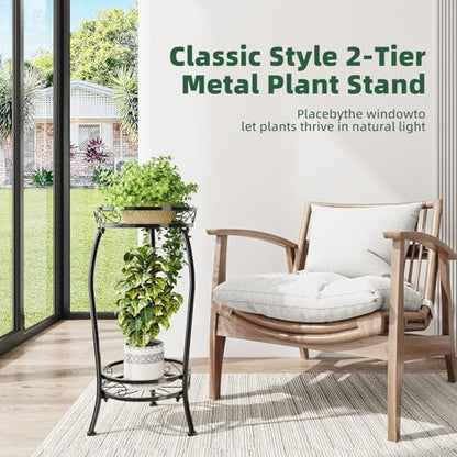 Simple Trending Plant Stand Indoor Outdoor, Tall Round Plant Shelf, 2 Tiers Metal Flower Pot Holder Stand Heavy Duty, for Garden, Balcony, Black