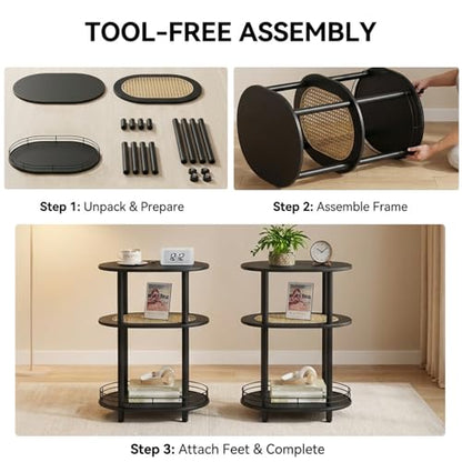Small Rattan Side/Accent Table with Storage, 3 Tier Round/Oval End Table with Rattan Shelf & Metal Basket, Boho Nightstand, Tool Free Assembly/Screw-Hole Free Tabletop-Living Room Bedroom-Black - color: Black-rattan, size: 1PC