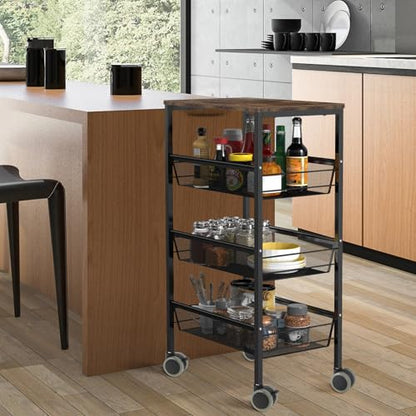Kitchen Cart with Drawers, 4-Tier Rolling Cart with Wood Tabletop, Lockable Wheels Utility Storage Cart, Vegetable Organizer for Kitchen, Serving Cart with Mesh Basket, Industrial Brown