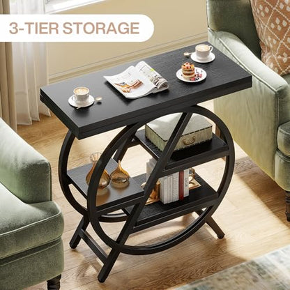 Tribesigns End Table for Living Room, 3-Tier Narrow Side Table with Storage, Wood Sofa Side Table with Geometric Metal Frame, Industrial Nightstand and Bedside Table for Bedroom, Black - color: Black