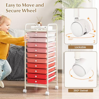 DREAMADE Rolling Cart with Storage Drawers, Utility Cart with Removable Plastic Drawers, Lockable Wheels, Art Cart for Classroom Organization Art Supplies Office Scrapbook (10 Drawers, Mixed-pink) - color: Mixed-pink, style: 10 Drawers