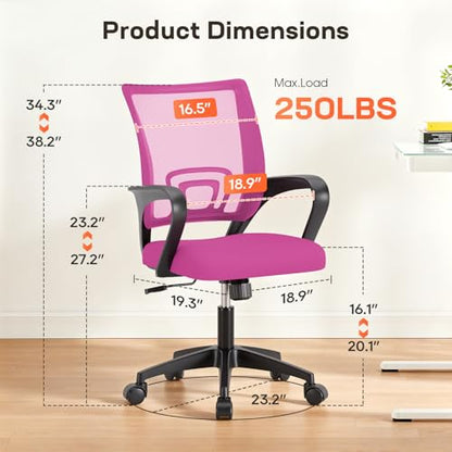 BestOffice Ergonomic Office Chair | Mid-Back Swivel Desk Chair | Pink | with Lumbar Support, Adjustable Height & Breathable Backrest | Sponge Seat & Rolling Wheels | for Home, Office | Pack of 1 - color: Pink, style: pack of 1