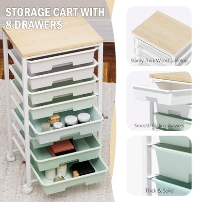 Rolling Cart with 8 Drawers, Storage Drawers Cart with Wooden Tabletop and Lockable Wheels, Craft Storage for Living Room, Office, Classroom, Craft Room, Bedroom - color: Green