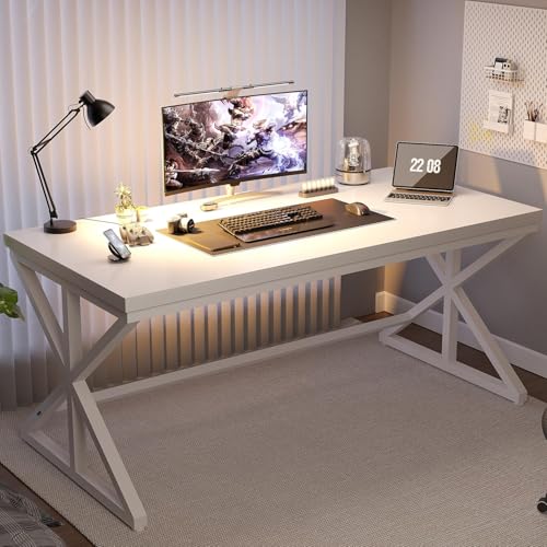 Modern White Computer Desk, Industrial Long Home Office Desk 60 Inch | Large Metal Wood Writing Study Work Desks, Farmhouse Executive Gaming Computer Table for for Student Bedroom Living Room - color: White Oak, size: 60 Inch