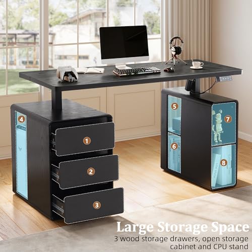 Electric Standing Desk with Drawers, 55" Office Desk Height Adjustable Executive Desk with Storage Shelves, Simple Setup Wood Desk Home Office Stand up Desk for Work, Study, Writing, Black - color: Black