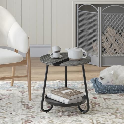 2 Tier Coffee Table in Living Room, Industrial Style Round Coffee Table with Metal Tray, Wood Small Outdoor Coffee Table for Bedroom Balcony Patio, Gray - color: Grey