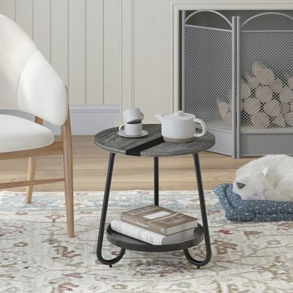 2 Tier Coffee Table in Living Room, Industrial Style Round Coffee Table with Metal Tray, Wood Small Outdoor Coffee Table for Bedroom Balcony Patio, Gray - color: Grey