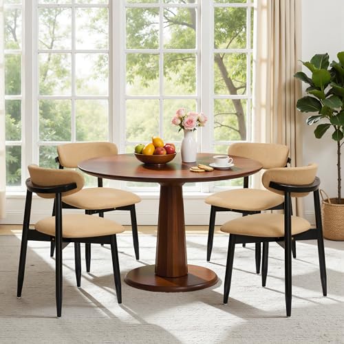 CHUN YI Dining Chairs Set of 4, Upholstered Wooden Dining Room Chairs with Ergonomic Curved Back, Mid Century Modern Fabric Kitchen Chairs, Khaki (Only Chairs) - color: Khaki, size: Set of 4