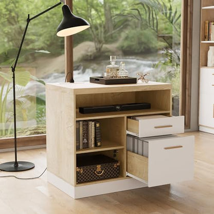 2 Drawer Wood File Cabinet for Home Office Storage, White Wanult | Filing Cabinet for A4 / Letter Documents, 31.5"W * 19.5"D * 29.5"H, Credenza w/ Built-in Power Outlet, Printer Stand - color: Light Walnut