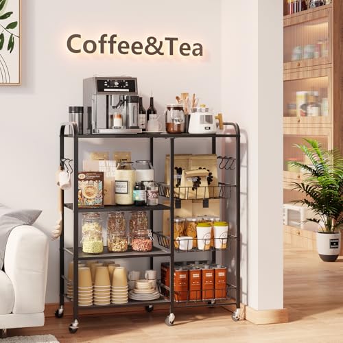 HapiRm Rolling Kitchen Microwave Cart - 4 Tier Microwave Table Stand with Pull-Out Baskets, Coffee Bar Baker's Rack with Wheels Rolling Storage Cart Organizer Shelf for Living Room Office, Balcony - color: Black