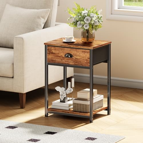 Furologee Nightstands Set of 2, Night Stand with Fabric Drawer and Storage Shelf, Retro Bedside Sofa Tables for Small Place, End Side Tables Living Room Bedroom, Rustic Brown