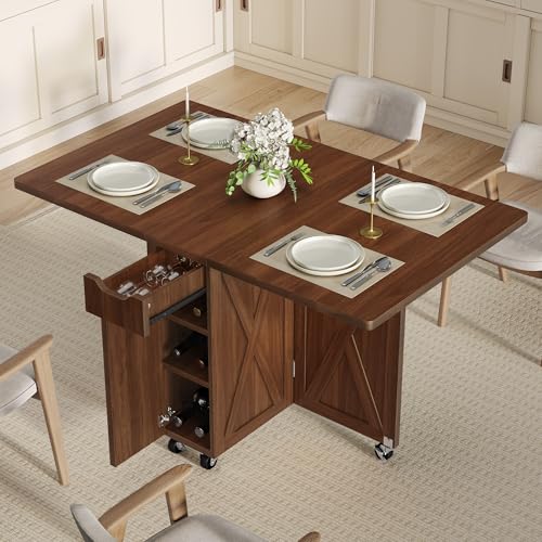 52.7" Folding Dining Table with 6 Wheels, Foldable Dining Table with Drawer, Shelves and Wine Racks, Drop Leaf Table for Small Spaces, Suitable for Kitchen, Dining Room, Apartment (Walnut) - color: Walnut