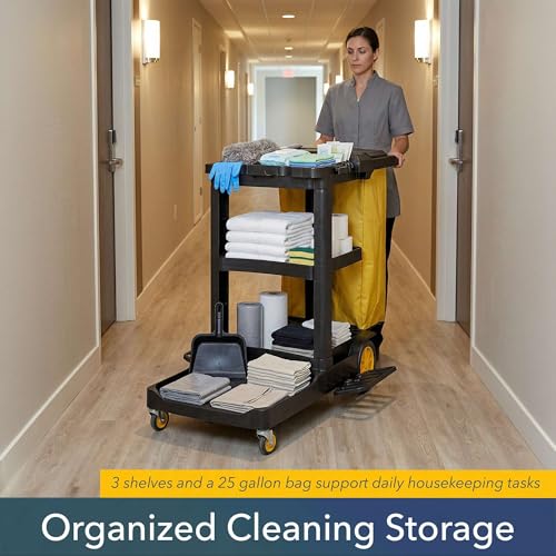 44” x 18” x 38” Black 3-Shelf Janitorial Cart Kit - Commercial Housekeeping Cart with Yellow Bag, Black Zippered Bag, Lid, Folding Handle for Hotels, Offices, Schools - 175 lb Capacity - size: Small (Black)