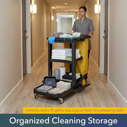 44” x 18” x 38” Black 3-Shelf Janitorial Cart Kit - Commercial Housekeeping Cart with Yellow Bag, Black Zippered Bag, Lid, Folding Handle for Hotels, Offices, Schools - 175 lb Capacity - size: Small (Black)
