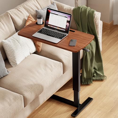 Foldable Overbed Table with Wheels, Pneumatic Adjustable Desk | 31.5 X 17.7 In Desktop with Cup Holders and Tablet Slot, Hidden Casters, 88 Lbs Capacity, Installs on Either Side of Bed - color: Brown