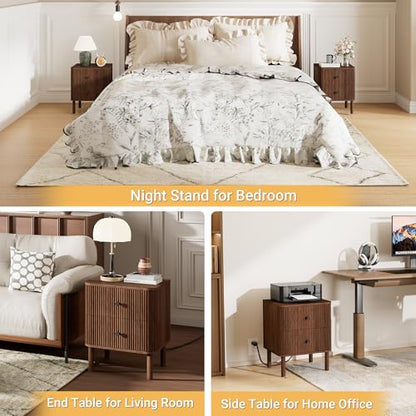 Fluted Nightstand Set of 2 with Charging & Rounded Drawer Fronts | 18in Wide, Bedroom, Natural Oak, FSC-Certified MDF, Solid Wood Legs, 2 Drawer, Metal Knobs, Bedside Table, End Table, Modern - color: Walnut - Rounded Drawer, size: 18"W