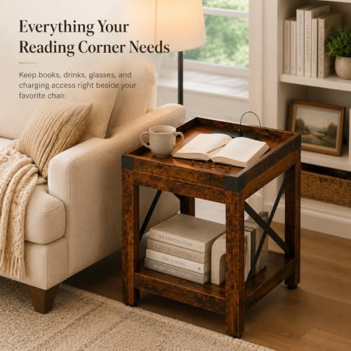 Farmhouse Side Table with Charging Station,2-Tier Square End Table | 2-Tier Shelf Modern Sofa Couch Table Bedside Nightstand With X-Frame for Living Room Bedroom Office Small spaces,Rustic Brown - color: Rustic Brown, style: With Outlets