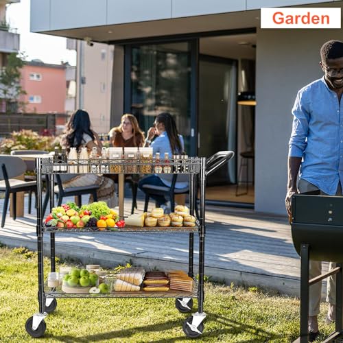 BolDuck Heavy Duty Utility Cart, 990Lbs Capacity 3 Tier Rolling Carts with Wheels, Kitchen Cart on Wheels with Storage, Commercial Grade Metal Serving Carts with Wire Shelving &Handle Bar, Black - color: Black