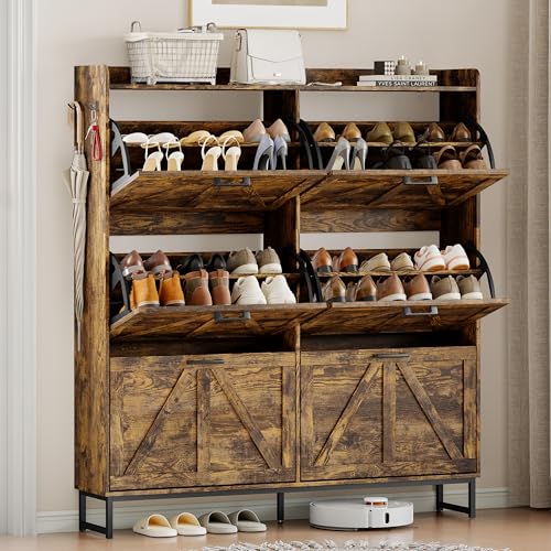 Wodeer Shoe Cabinet Storage for Entryway, Shoe Storage Cabinet with 6 Flip Drawers, Freestanding Narrow Shoe Rack Organizer with Metal Legs, Adjustable Shelves & Open Storage for Foyer, Hallway, Brown - color: Brown, style: 6 Drawers