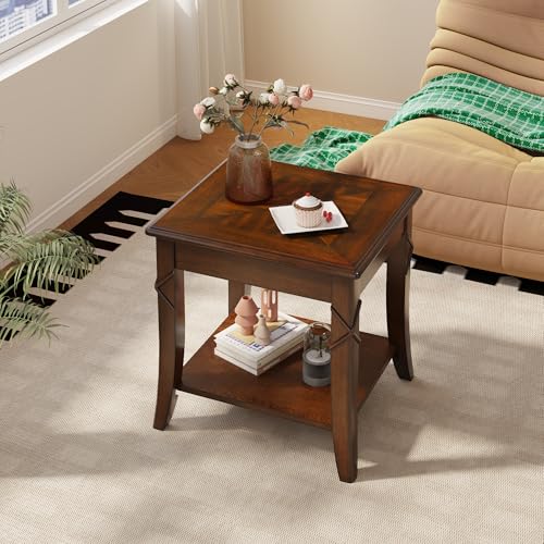 Solid Wood Side Table with Storage Shelf, Cherry Wood End Tables Living Room, Traditional Style End Table, Vintage Beside Table with Curved Legs for Apartment, Cherry Walnut Accent Table CJZ-DR200 - size: 21.7" H End Table