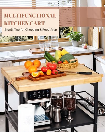 Mythinglogic Foldable Kitchen Cart with Wheels, Rolling Kitchen Island with Wood Top, 3-Tier Microwave Stand Coffee Bar Cart with Side Storage Rack, Black - size: 21.89"D x 29.33"W x 36.81"H