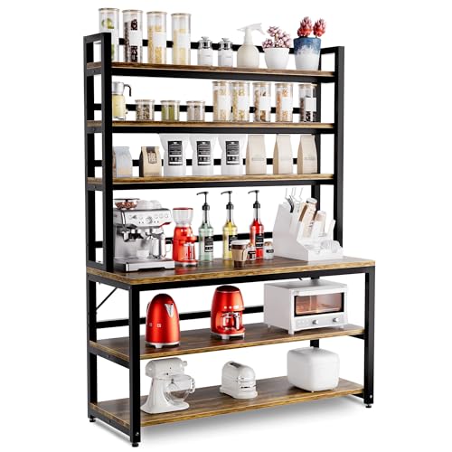 Aquzee Bakers Racks for Kitchens with Storage, 6 Tiers Large(47.2“W x 15.7”D x 70.8" H) Kitchen Stand with Hutch, Freestanding Organizer with Shelves,Rustic Brown - color: Rustic Brown Board + Black Frame