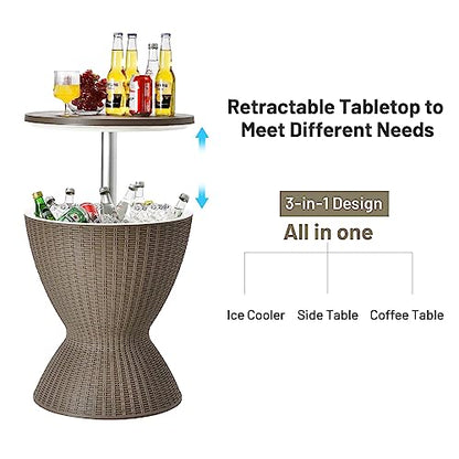 Tangkula Outdoor Cool Bar Table, Rattan Style Patio 8 Gallon Beer and Wine Cooler, All-Weather Ice Bucket w/Height Adjustable Top, Drainage Plug, 3-in-1 Cocktail Coffee Table for Party, Pool (Coffee) - color: Coffee