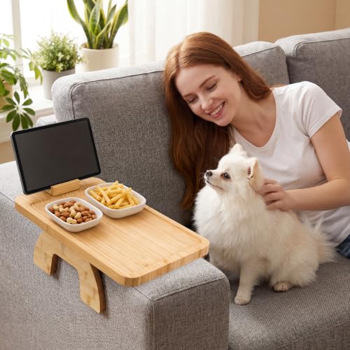 UPABLUNSO 1-Pack Couch Arm Tray Table, Bamboo Clip-On Sofa Armrest Snack Tray, Square with 360° Phone Holder, Collapsible Cozy Sofa Armrest Tray Bamboo Side Table for Drinks, Food or Something Else - color: Square Natutal