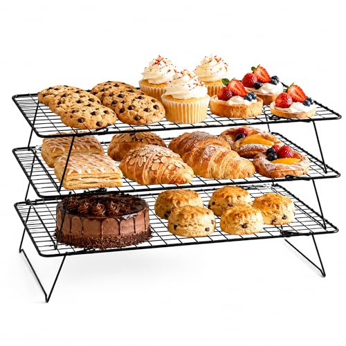 Cooling Rack 16"x10", 3-Tier Stackable & Collapsible Cooling Racks | Cooling Racks for Cooking and Baking, Roasting, Grilling, Oven & Dishwasher Safe (Black, 3-Tier) - color: Black, size: 3-Tier
