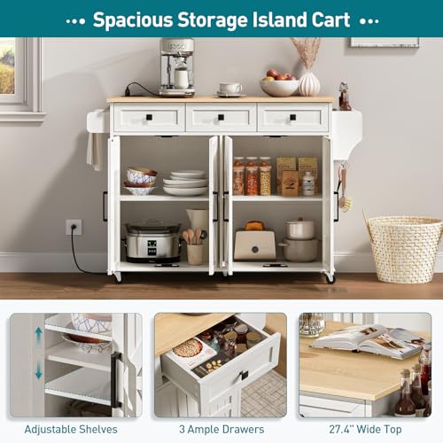 RALGEND Kitchen Island with Drop Leaf & Power Outlet, Rolling Kitchen Island Cart On Wheels, Barn Door Kitchen Island Table with Storage and Tower Rack, Island Table for Kitchen, White and Natural - color: White + Natural