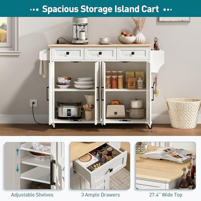 RALGEND Kitchen Island with Drop Leaf & Power Outlet, Rolling Kitchen Island Cart On Wheels, Barn Door Kitchen Island Table with Storage and Tower Rack, Island Table for Kitchen, White and Natural - color: White + Natural