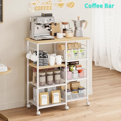 HapiRm Rolling Kitchen Carts with Storage - Microwave Table Stand with 6 Hooks & 3 Baskets, kitchen Island Cart on Lockable Wheels, 28.3" L × 14.6" W Bakers Rack Cart for Dining Room Coffee Bar Office - color: White