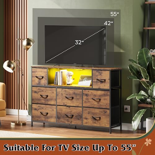 WLIVE Dresser TV Stand for 45, 50, 55 inch TV, Entertainment Center with LED Lights & Charging Station, Chest of Drawers with 8 Fabric Drawers and Open Shelves for Living Room, Hallway, Rustic Brown - color: Rustic Brown