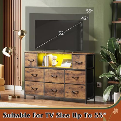 WLIVE Dresser TV Stand for 45, 50, 55 inch TV, Entertainment Center with LED Lights & Charging Station, Chest of Drawers with 8 Fabric Drawers and Open Shelves for Living Room, Hallway, Rustic Brown - color: Rustic Brown